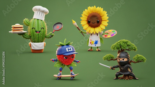 Set of Four Adorable 3D Character Figures Including Ninja and Skater