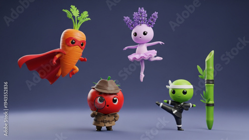 3D Render of Cute Vegetable Characters Superhero Carrot Ninja Pea and Tomato Detective