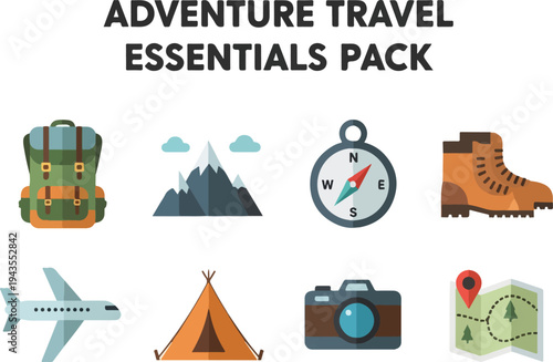 Illustration of adventure essentials Backpack mountain compass boot airplane tent camera map icons
