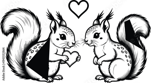 Cute squirrel couple holding heart symbol, romantic woodland animal illustration in vintage engraving style, love concept artwork for Valentine card, tattoo, sticker and design