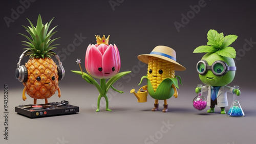 Cute 3D Render of Anthropomorphic Fruit Flower and Vegetable Characters