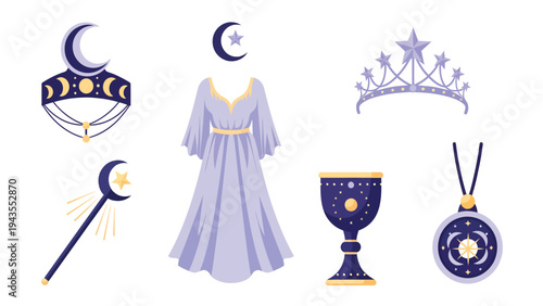 Mystical Celestial Oracle Symbols Moon Tiara Wand Dress Chalice Necklace Magic Oracle Symbols for Enlightenment