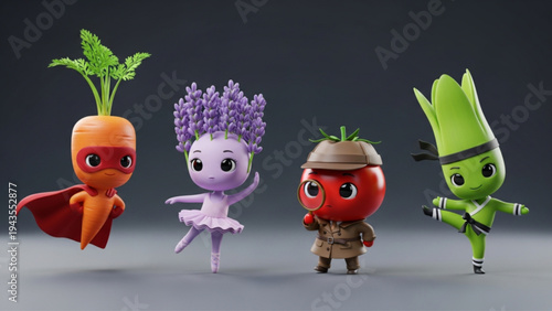 Set of Cute 3D Cartoon Vegetable Characters Superhero Ballerina Detective Ninja
