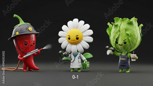 Cute 3D Cartoon Chili Firefighter Daisy Doctor and Lettuce Barista Characters