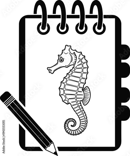 Seahorse sketch drawing in notebook, marine animal illustration concept, pencil drawing design idea, ocean wildlife artwork, creative sketchbook icon, flat vector illustration