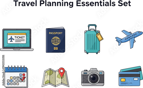Illustration of travel essentials including a laptop passport suitcase airplane calendar map camera and credit cards