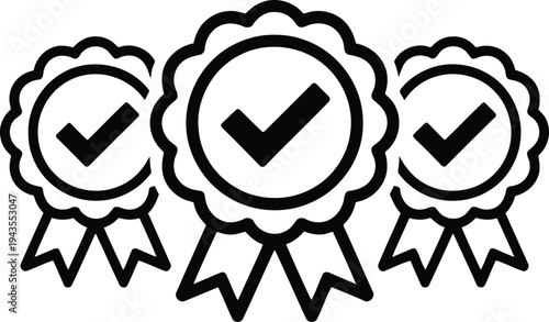 Three decorative round badges with ribbons and checkmarks symbolizing multiple levels of quality