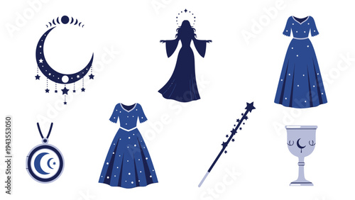 Mystical Celestial Magic Collection Moon Phases Gown Wand Necklace Chalice Icons