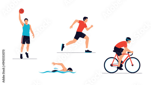 Diverse Sports Activities Basketball Running Swimming Cycling Healthy Lifestyle Vector Illustrations