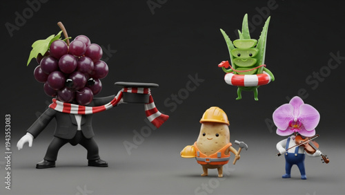 Funny 3D Anthropomorphic Food and Plant Characters Collection on Dark Background