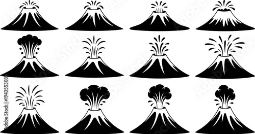 Volcano eruption silhouette collection showing explosive volcanic activity, lava bursts, ash clouds and magma explosions, natural disaster icons isolated vector illustration set