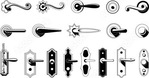 Vintage and modern door handle silhouette set with decorative knobs, levers and lock plates, architectural hardware collection isolated illustration for interior design and furniture fittings