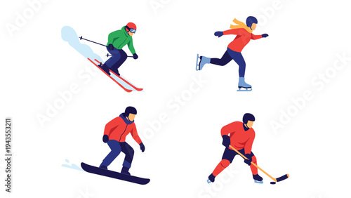 Winter Sports Collection Diverse Outdoor Activities Featuring Skiing Snowboarding Ice Skating and Hockey Set on White Background