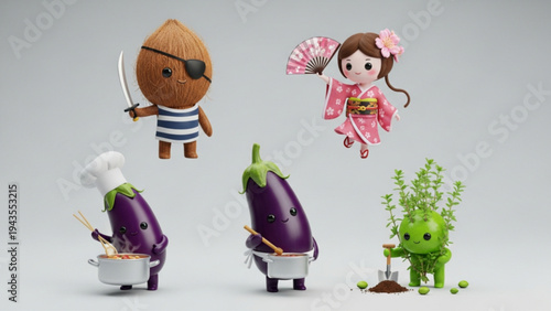 Cute 3D Cartoon Characters Set with Pirate Coconut and Eggplant Chef