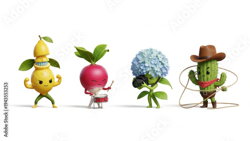 Cute 3D Cartoon Mascot Characters Lemon Radish Flower and Cactus Cowboy