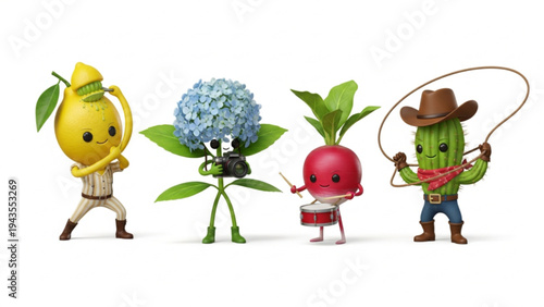 Cute 3D Anthropomorphic Nature Characters Lemon Flower Radish and Cactus