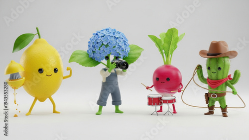 Cute 3D Cartoon Characters Collection of Lemon Flower Radish and Cactus