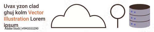 Cloud computing, data storage, network technology, connectivity tools, IT infrastructure, digital systems. A cloud icon, magnifying glass and database stack are illustrated. Cloud computing and data