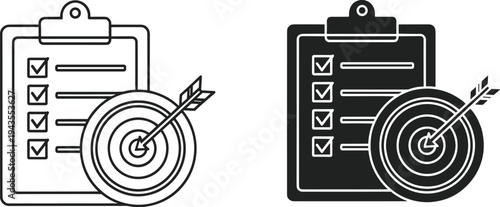task checklist clipboard with target arrow, goal planning concept, business objective symbol, productivity management icon set, flat vector illustration