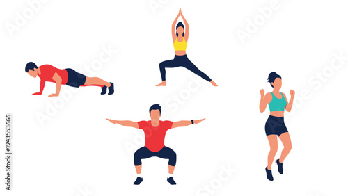 Diverse Group of People Performing Various Fitness Exercises Yoga Squats Push ups Jumping Jacks for Healthy Lifestyle
