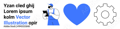 Technology, healthcare, teamwork, industrial innovation, productivity, creativity. A worker with a tablet, blue heart and gear icons. Technology and healthcare with contemporary symbols