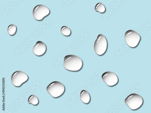 Clear water droplets of various sizes on a light blue background, showing reflection and transparency.
