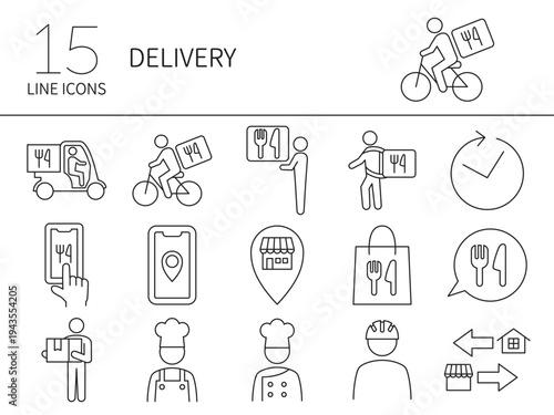 Line icons set depicting food and package delivery services, including couriers, chefs, and location tracking.