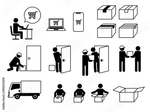 Online shopping and delivery process icons, from ordering to receiving packages.