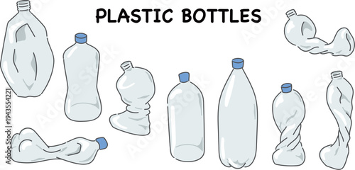 An illustration showing a collection of clear plastic bottles, some whole and some crumpled, representing waste or items for recycling.