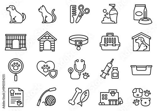 A collection of line art icons representing various aspects of pet care, veterinary services, and animal accessories.