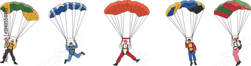 Skydivers parachuting vector illustration set with colorful parachutes, people flying in the sky, extreme sport adventure, and outdoor recreation