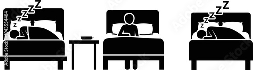 Sleep routine illustration showing insomnia and rest, person awake between sleeping partners in bedroom, bedtime problem concept, minimalist black and white vector icon