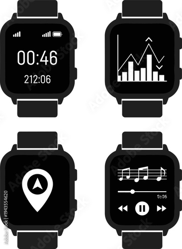 Smartwatch icons set, modern wearable technology vector illustration showing fitness tracking, music player, navigation and data screens in black and white interface design