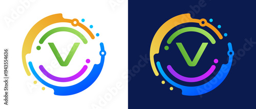 Modern letter “V” logo with circular abstract elements and colorful gradient design,