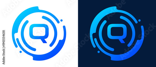 Modern letter “Q” logo with circular abstract lines and blue gradient style, representing digital technology, innovation, connectivity, and professional tech branding.