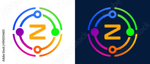Modern letter “Z” logo with colorful circular connection elements, representing digital technology, network connectivity, innovation, and smart systems.