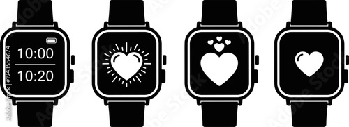 Smartwatch vector icon set, black wearable tech, heart rate display, time interface, minimal style, editable, scalable, isolated, modern design