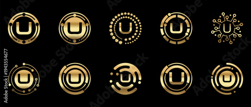 Luxury gold letter U K logo collection with modern circular and tech-inspired designs. Elegant metallic monogram icons on black background for premium branding, technology, finance, and digital