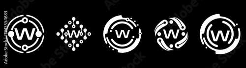 Set of minimalist letter W technology logos in monochrome style. Abstract circular and network shapes represent digital systems, AI, innovation, and modern tech branding on black background