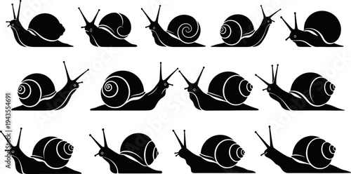 Snail silhouette vector set, black garden snail icons collection, crawling mollusk poses for nature, wildlife, biology, and minimal illustration design
