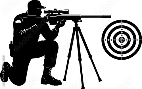 Sniper shooting target silhouette vector illustration, military marksman aiming rifle on tripod, precision target practice scene, tactical training graphic, black and white design