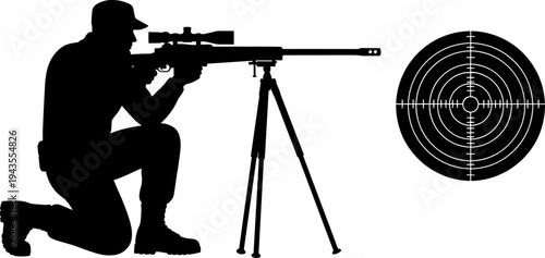 Sniper shooter silhouette illustration, marksman aiming rifle with scope and target, tactical precision shooting, military training concept, vector artwork design