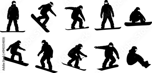 Snowboarder silhouettes set showing freestyle tricks, winter extreme sport action poses and movement collection, black vector illustration isolated on white background