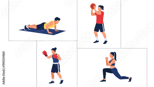 Diverse Fitness Activities Collage Push ups Basketball Boxing and Lunge Exercise Representing Healthy Lifestyle and Sports