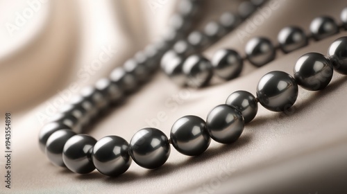 Lustrous black pearls elegantly arranged in a gentle curve on a soft, luxurious fabric background, showcasing exquisite jewelry craftsmanship.