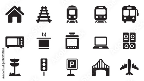 Public transportation and household appliance icons set with minimalist black silhouettes
