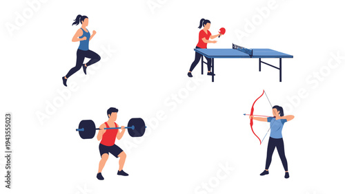 Diverse Sports and Fitness Activities Montage Running Table Tennis Weightlifting Archery Healthy Lifestyle Icons