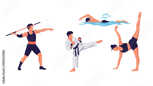 Diverse Athletes Showcase Fitness Martial Arts Swimming Calisthenics Vector Art