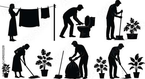Household cleaning and daily chores silhouette collection with people washing clothes, sweeping floor, cleaning toilet, watering plants and taking out trash vector set