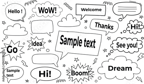 Black and white speech bubbles with words and symbols